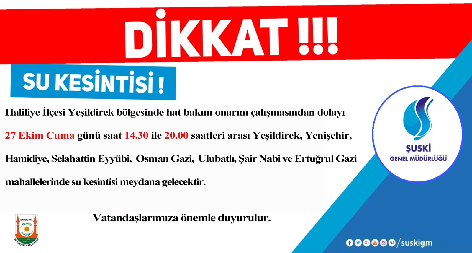 Şanlıurfa'da 8 Mahallede Su Kesintisi Yaşanacak