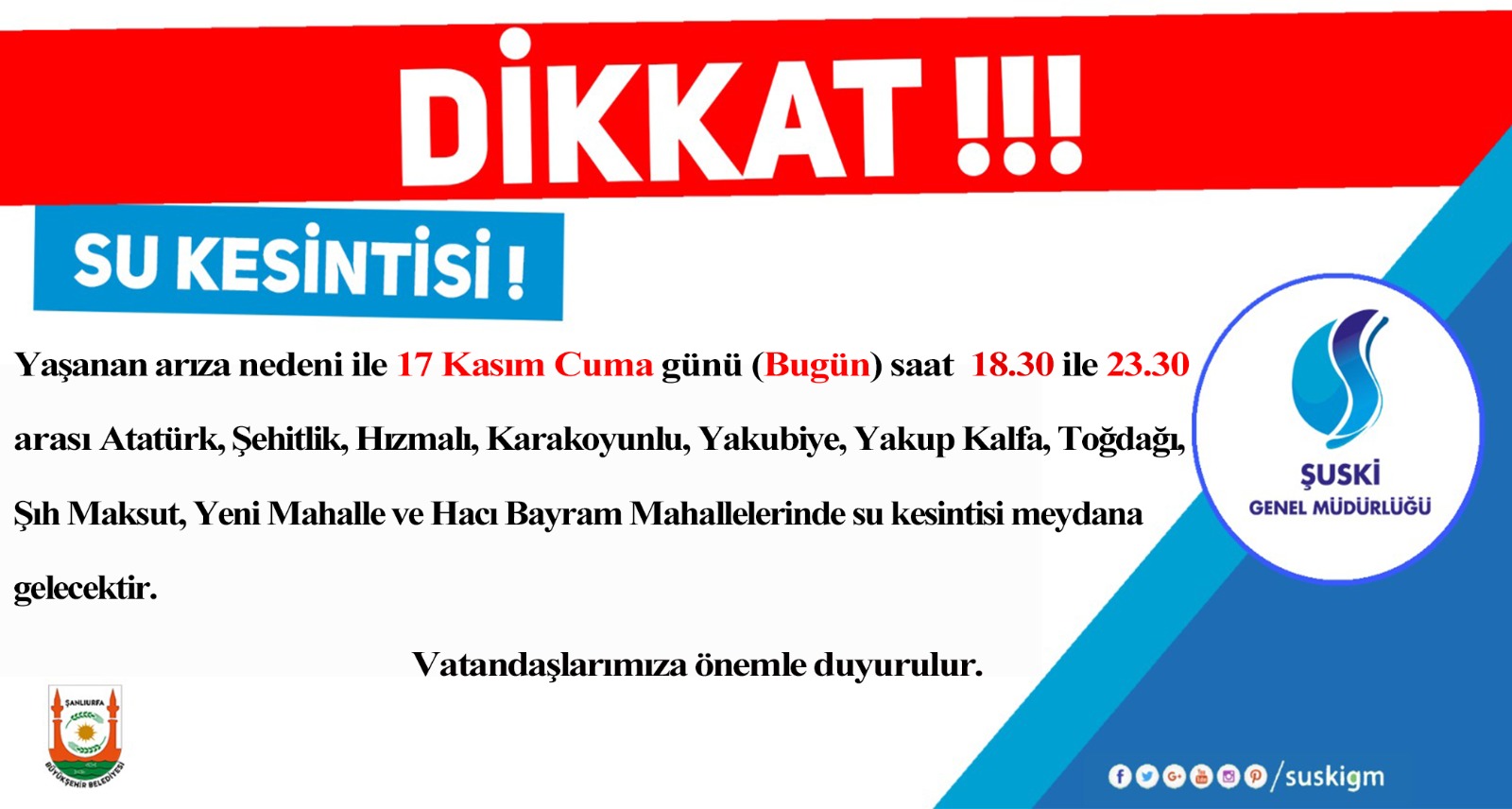 Şanlıurfa'da Su Kesintisi 