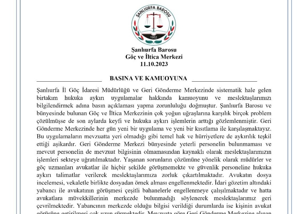 Şanlıurfa Barosundan İl Göç İdaresi Açıklaması