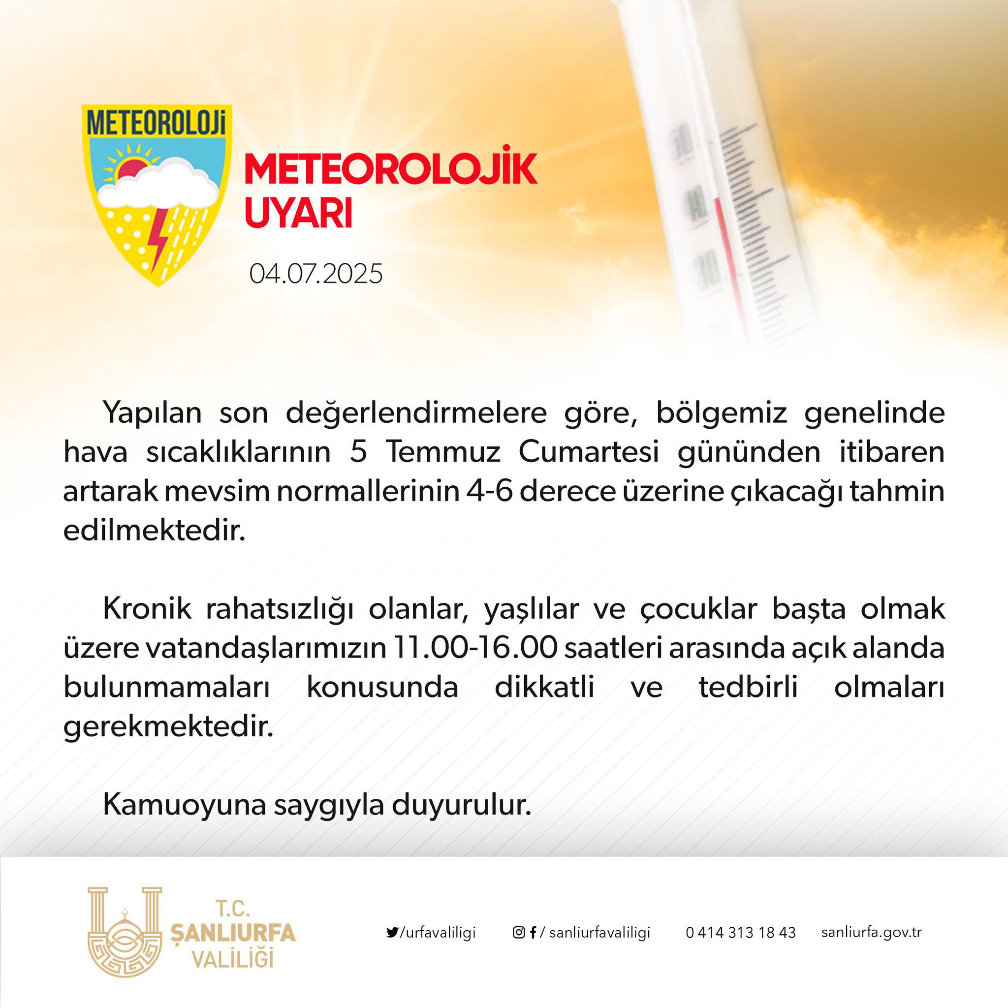 Şanlıurfa İçin Sıcak Hava Uyarısı