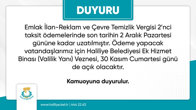 Haliliye Belediyesi'nden Önemli Duyuru: Vergi Ödeme Süresi Uzatıldı!