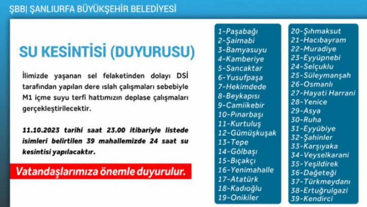 Şanlıurfa'da 39 Mahallede Su Kesintisi Yaşanacak